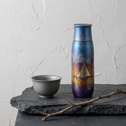 TAIC 太可｜莫內大師系列 帆影純鈦手工整刻燜茶杯 390mL ＋ 茶葉罐 120mL