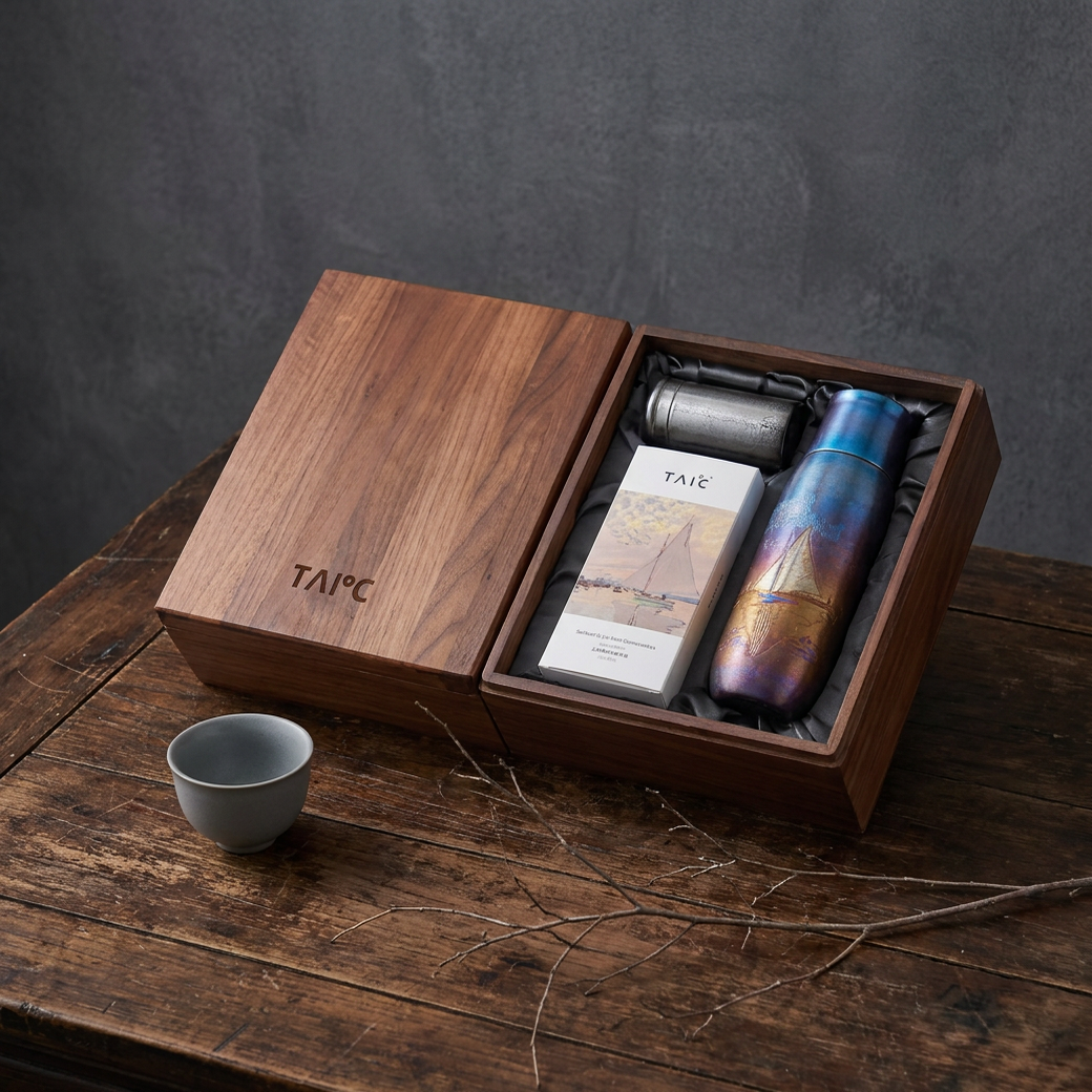 TAIC 太可｜莫內大師系列 帆影純鈦手工整刻燜茶杯 390mL ＋ 茶葉罐 120mL