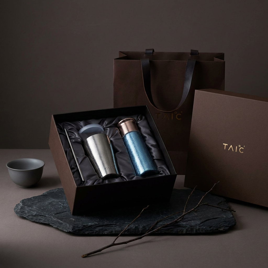 TAIC 太可｜冬陽嘉樹禮盒 純鈦T型保溫杯 330mL ＋ 純鈦隨心杯 420mL