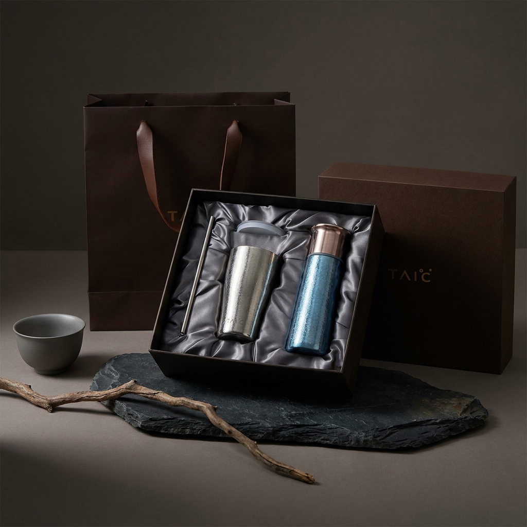 TAIC 太可｜冬陽嘉樹禮盒 純鈦T型保溫杯 330mL ＋ 純鈦隨心杯 420mL